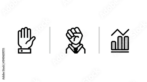 Vector Line Icons: Open Hand, Clenched Fist, and Business Growth Graph for Social & Economic Data
