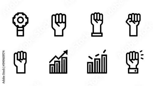 Strength, Power, and Success Line Icons Set. Vector symbols of clenched fists, achievement, protest, and rising business growth.