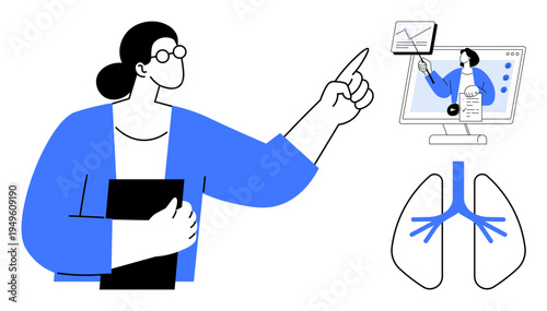 Medical training. Medical professional teaching online with diagrams of lungs and data visualization. Medical training improves healthcare knowledge and remote education. For e-learning