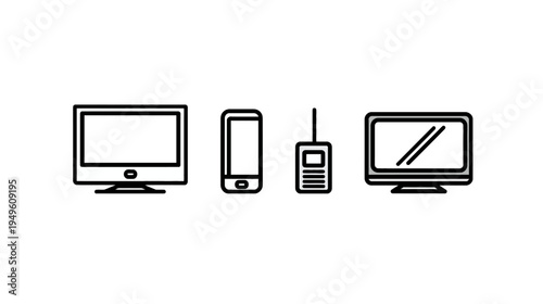 Electronic Devices Line Art Icons Set: Monitor, Smartphone, Walkie-Talkie, and TV Screen Vector Graphics for Technology