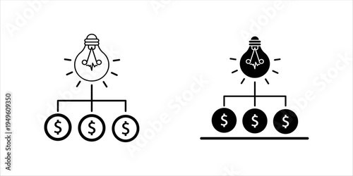 Outline icon set. showing a light bulb idea connected to multiple dollar symbols, representing investment strategy, financial planning, profit distribution, and innovative business ideas.