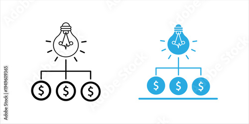 Outline icon set. showing a light bulb idea connected to multiple dollar symbols, representing investment strategy, financial planning, profit distribution, and innovative business ideas.