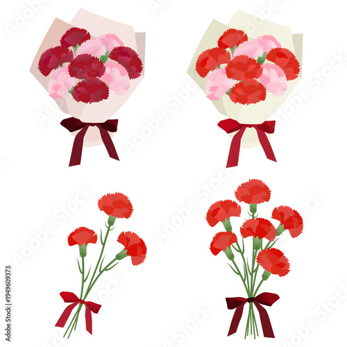 母の日の赤いカーネーションの花束ベクターイラストセット