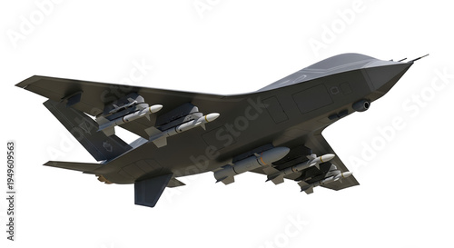 A stealth bomber aircraft with missiles on its wings and fuselage against a black background on transparent background
