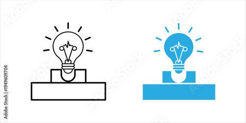 Minimal line icon set. of a glowing light bulb placed on a platform representing creative ideas, innovation, inspiration, and startup thinking concepts.