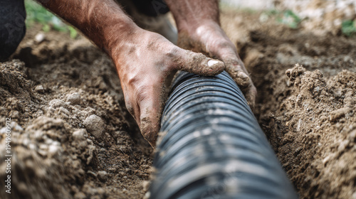 Hands laying black plastic pipe in soil during construction or repair work