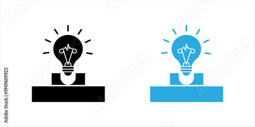 Minimal line icon set. of a glowing light bulb placed on a platform representing creative ideas, innovation, inspiration, and startup thinking concepts.