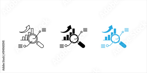 Minimal line icon set. showing a magnifying glass analyzing a growing bar chart representing business analytics, market research, financial statistics, and business growth strategy.