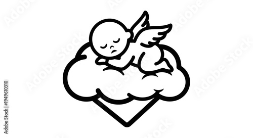 Cute Baby Angel Sleeping Peacefully on a Cloud Inside a Heart Shape, Black Outline, Isolated White Background