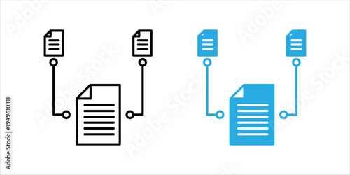 Minimal line icon set, showing a central document connected with other documents representing file integration, document workflow, and digital document management systems.