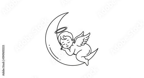 Cute Baby Angel Sleeping Peacefully on a Crescent Moon, Isolated White Background
