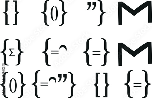 Curly brackets symbol set, mathematical brace punctuation collection, coding syntax symbols, typography brackets design vector illustration pack