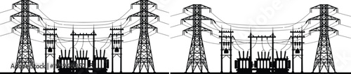 Electric power substation and transmission towers silhouette, high voltage electricity grid infrastructure, energy distribution system vector illustration