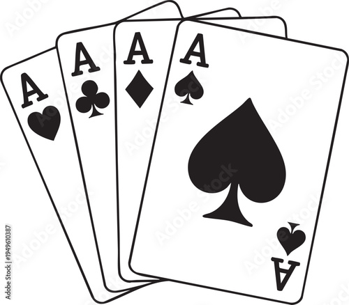 Four ace playing cards fanned out with spade club diamond and heart suits on white background