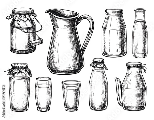 Vintage glass milk bottles and jugs.