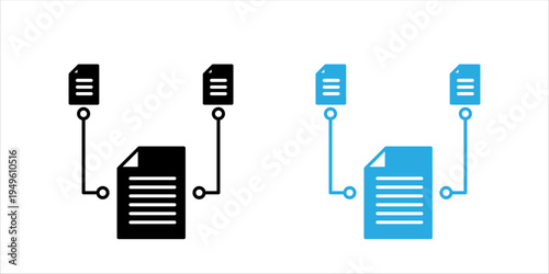 Minimal line icon set, showing a central document connected with other documents representing file integration, document workflow, and digital document management systems.