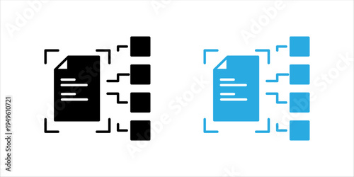 Minimal line icon showing a document connected to multiple data nodes representing document analysis, data extraction, and digital information processing. Suitable for concepts of document management,