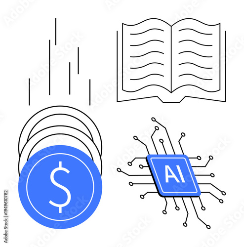 Artificial intelligence, digital economy, technology integration, data , knowledge sharing, innovation. ion of AI chip, dollar coins and open book. AI and digital economy concept