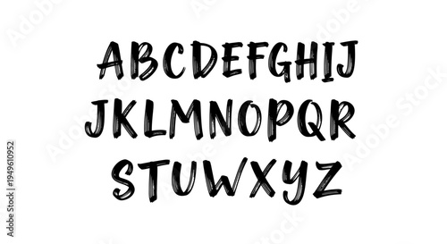 English Alphabet in Bold Hand Drawn Blocky Brush Font, Casual Street Art Typography on Isolated White Background.