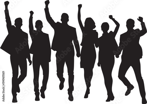 Silhouettes of business people jumping with fists raised in celebration on white background with reflections