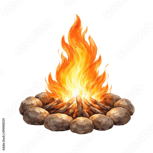 A watercolor vector of a campfire flame with stones and burning logs for camping illustrations, outdoor adventure designs, and wilderness clipart.