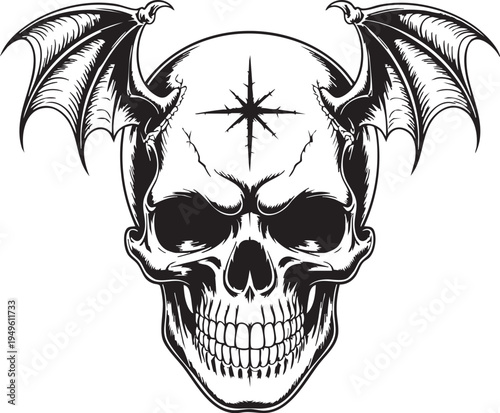 Detailed illustration of a human skull with bat wings and star symbol on forehead gothic style design element