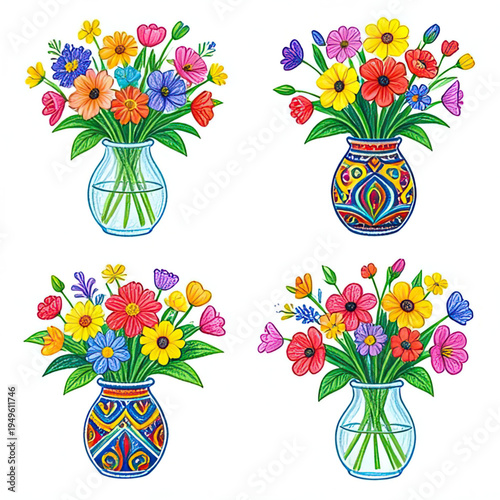 Vibrant Bouquet Illustrations: Four Decorative Flower Arrangements