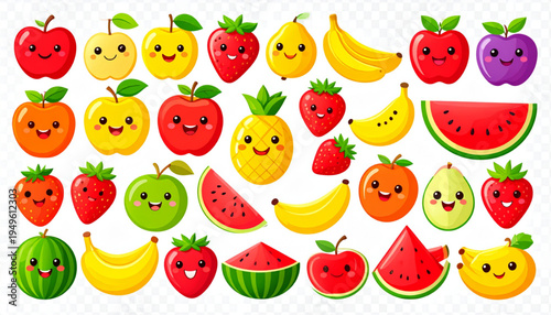 A collection of colorful and cheerful cartoon fruits featuring happy faces for children education Vector