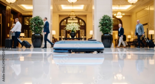 Autonomous cleaning robot operating in a modern hotel lobby. Smart service and futuristic technology in hospitality industry concept.