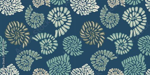 Seamless Ammonite Fossil Pattern, Marine Shells Background in Sage and Navy Blue. Ideal for home decor, high-end wallpaper, luxury packaging, and fabric design