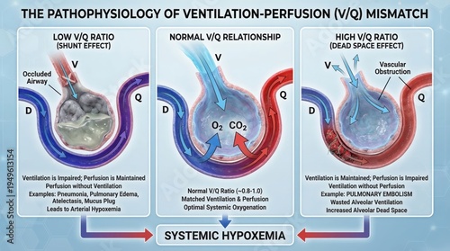 Detailed Illustration of Ventilation-Perfusion Mismatch Pathophysiology in Respiratory Dysfunction