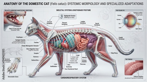 Detailed Anatomical Chart of Domestic Cat with Systemic Morphology and Specialized Adaptations Diagram