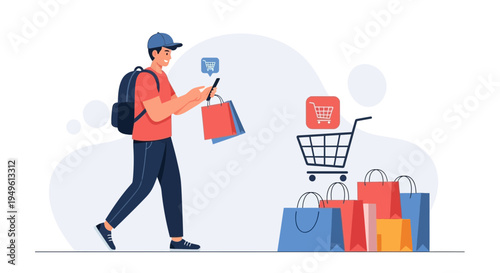 Man with shopping bags and phone, online shopping concept, e-commerce.