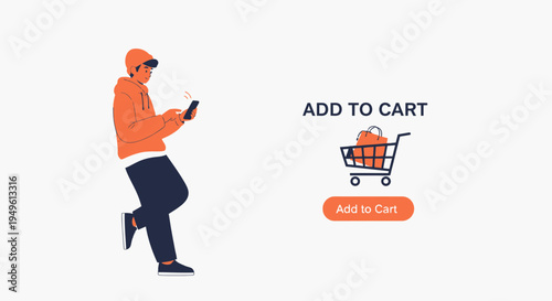 Man using smartphone for online shopping, add to cart icon and button
