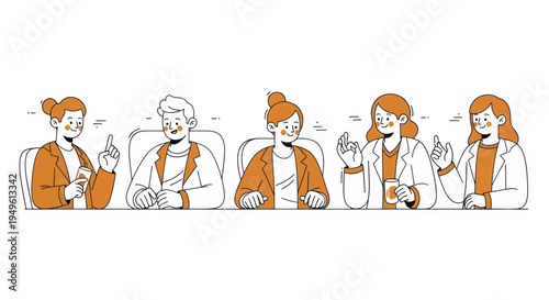 Five diverse women engaged in a lively discussion, sharing ideas and opinions.