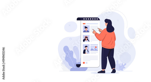 Woman choosing profile from a list on a digital screen, recruitment concept