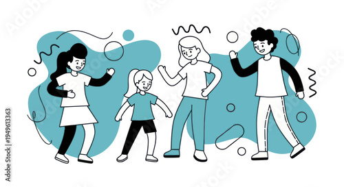 Four diverse individuals dancing with joy and enthusiasm.