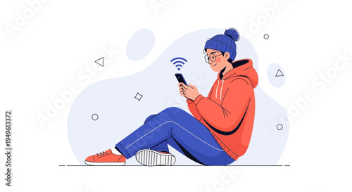Young person with glasses and beanie using smartphone with wifi symbol, sitting on floor.