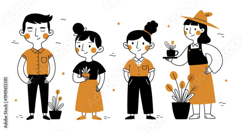 Four diverse individuals in a garden setting, tending to plants with care.
