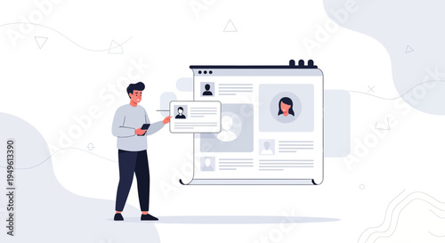 Man managing online profile on digital screen, user interface, personal data, HR, recruitment