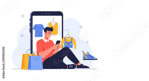 Man shopping online for clothes on smartphone with bags and shoes
