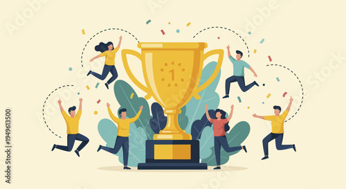 Happy people celebrating success with a giant golden trophy, surrounded by confetti and joy.