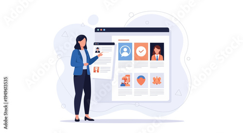 Woman presenting online profiles on a digital screen, recruitment and HR concept