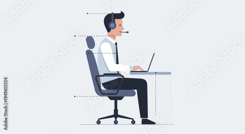 Man Sitting Correctly at Desk with Laptop and Headset Demonstrating Ergonomics.