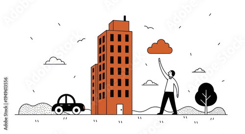 Man reaching for a cloud next to a building and car.