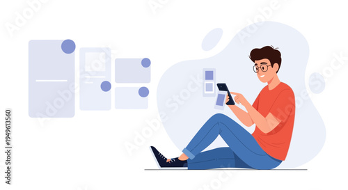 Young man using smartphone, browsing content on digital screens, modern lifestyle