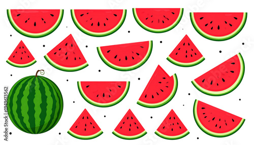 Collection of fresh ripe watermelon slices and one whole watermelon with green striped rind Vector