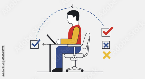 Man working on laptop with checkmarks indicating progress and completion.