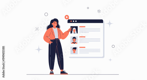 Woman selecting candidate from online profile list, recruitment concept