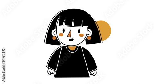 Minimalist illustration of a young girl with black bob hair and orange earrings.